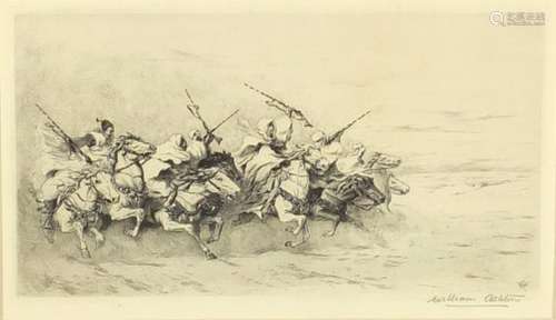 William Ashton - Arabs on horseback, pencil signed black and white etching, mounted and framed, 23.