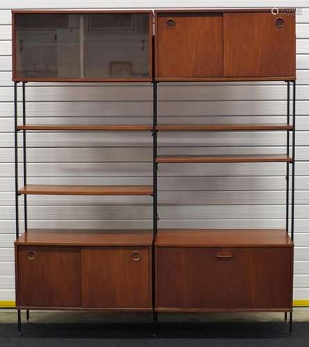 1960's teak ladder rack style modular wall unit by Avalon with cupboards doors, sliding doors and