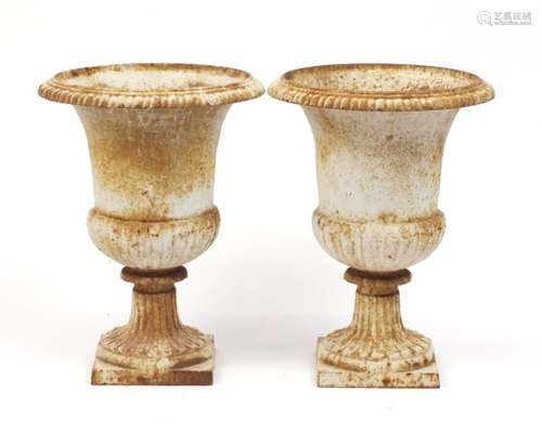 Pair of French cast iron campana urn planters, 48.5cm high : For Further Condition Reports Please