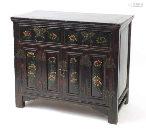 Chinese painted two door side cabinet, with two drawers above a pair of folding cupboard doors, 89cm