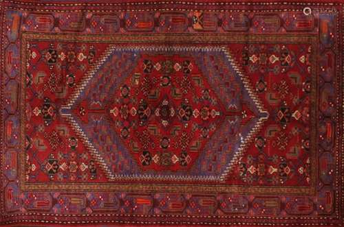 Red ground Hamadan rug, 205cm x 131cm : For Further Condition Reports Please Visit Our Website,