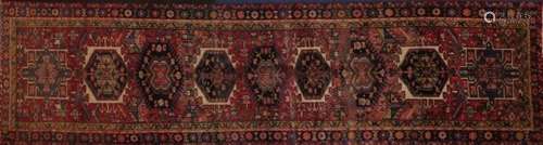 Red ground Karajeh carpet runner, 377cm x 100cm : For Further Condition Reports Please Visit Our