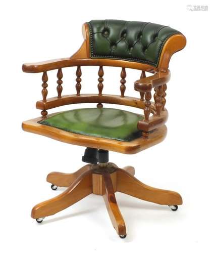 Pine captains chair with green leather button back upholstery, 77cm high : For Further Condition