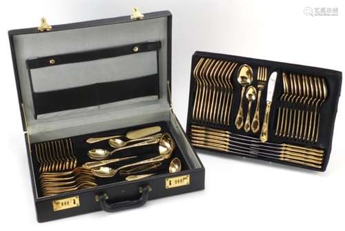 Twelve place canteen of gold plated cutlery by SBS, 46cm wide : For Further Condition Reports Please