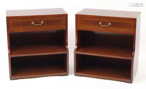 Pair of feather band inlaid mahogany night stands, each fitted with a frieze drawer, 65cm H x 60cm W