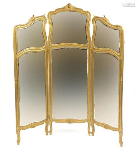 19th century gilt wood three fold mirrored screen, 163cm high x 244cm wide : For Further Condition