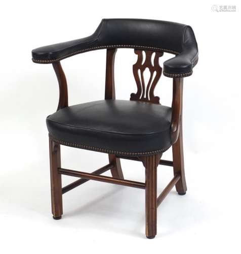 Mahogany framed elbow chair with black leather upholstery, 82cm high : For Further Condition Reports