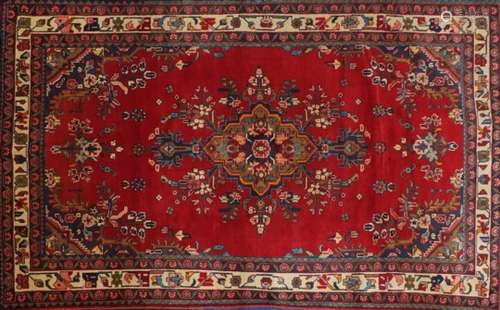 Red ground Hamadan rug, 235cm x 145cm : For Further Condition Reports Please Visit Our Website,