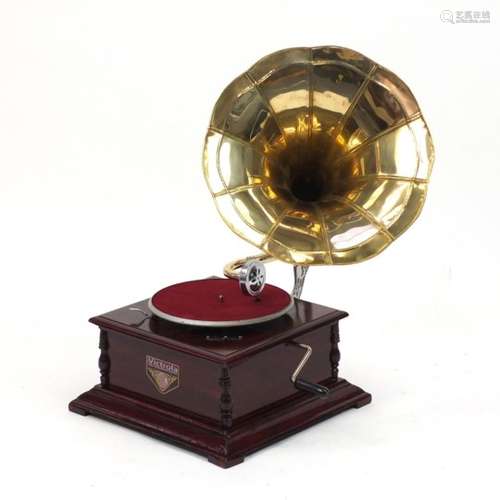 Retro Victrola wind up gramophone with with brass horn, 67cm high : For Further Condition Reports