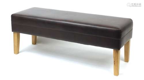 Contemporary brown leather and light wood bench, 120cm in length : For Further Condition Reports