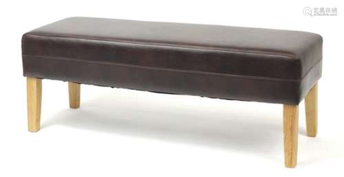 Contemporary brown leather and light wood bench, 120cm in length : For Further Condition Reports