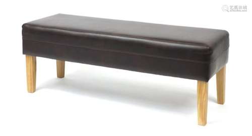 Contemporary brown leather and light wood bench, 120cm in length : For Further Condition Reports