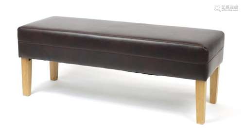 Contemporary brown leather and light wood bench, 120cm in length : For Further Condition Reports