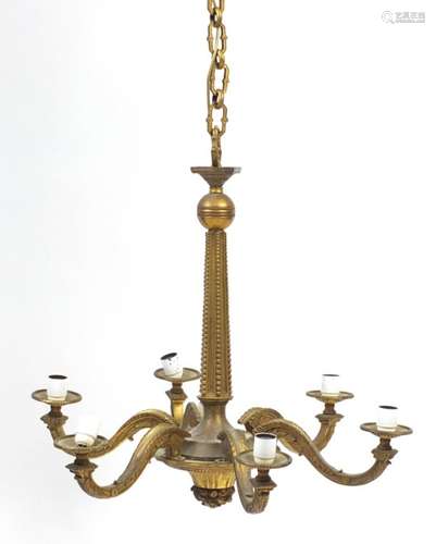 French Empire style gilt bronze/brass six branch chandelier, 75cm high excluding the chain : For