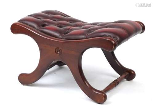 Mahogany x frame stool with ox blood leather button upholstery , 40cm H x 70cm W x 43cm D : For