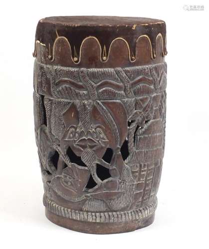 Large tribal interest floor standing drum carved with figures, 72.5cm high : For Further Condition