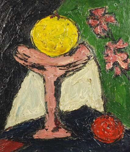 Abstract composition still life, Scottish School oil onto board, bearing an inscription verso,