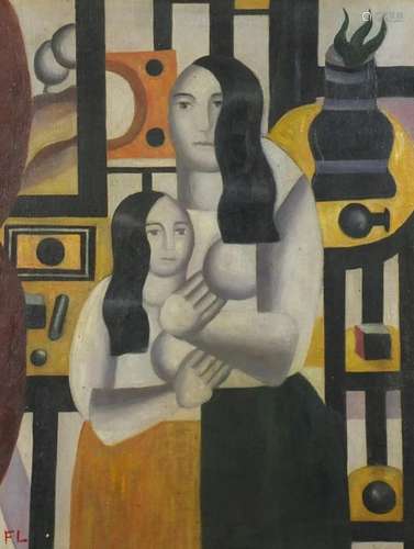 Abstract composition, two semi nude females, oil on canvas, bearing a monogram FL, mounted and