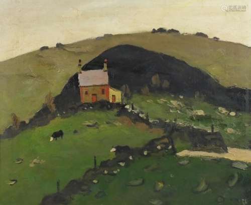 Manner of Kyffin Williams - Welsh landscape, oil onto board, inscribed verso, mounted and framed,