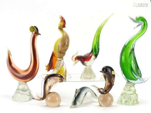 Murano colourful glass birds and a pair of dolphins, the largest 44cm high : For Further Condition