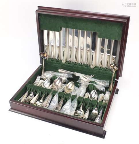 Mahogany canteen of silver plated cutlery, 38cm wide : For Further Condition Reports Please Visit