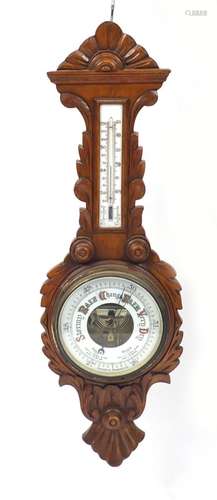 Carved oak wall hanging barometer, 87cm high : For Further Condition Reports Please Visit Our