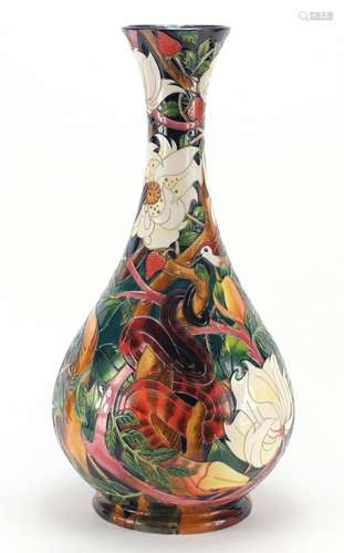 Large Moorcroft pottery vase by Emma Bossons, hand painted and tube lined with birds around