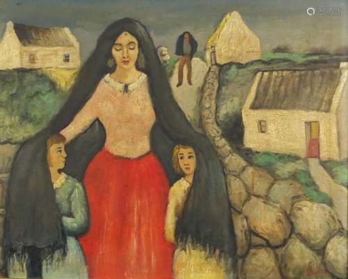 Mother with children crossing a bridge, Irish School, oil onto board, bearing a signature Dillon and