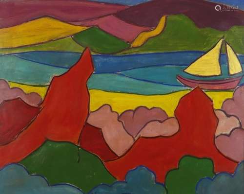 Abstract composition, boat on a lake, bearing a signature Lapicque, framed, 60cm x 49cm : For