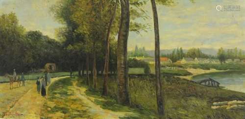 Figures on a path beside water before a town, oil onto board, bearing a signature B. Priestman,