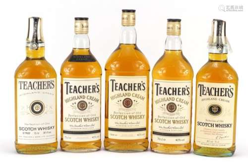 Five vintage bottles of Teachers Highland Cream whisky comprising three 75cl bottles and a litre