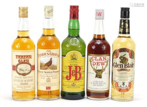 Five bottles of whisky comprising Clan Dew, Famous Grouse, Justerini and Brooks, Tartan Glen and