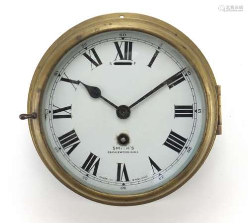 Smiths brass ships bulk head design clock with enamelled dial, 22cm in diameter : For Further