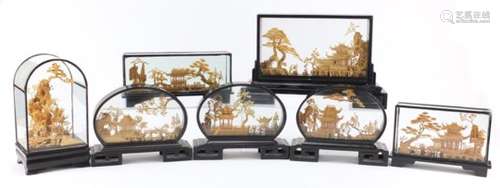 Seven Chinese cork dioramas, the largest 22cm high : For Further Condition Reports Please Visit