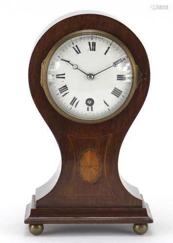 Art Nouveau inlaid mahogany balloon mantle clock with enamelled dial and Roman numerals, 23.5cm high