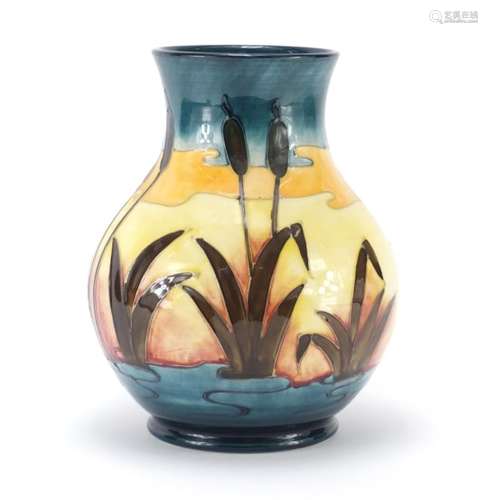 Large Moorcroft pottery vase hand painted in the Reeds and Sunset pattern, impressed and painted