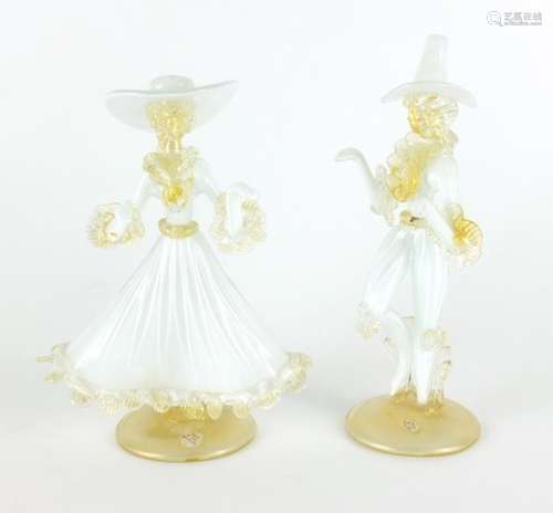 Murano gold flecked glass courting figures with original paper labels to bases, each 22cm high : For