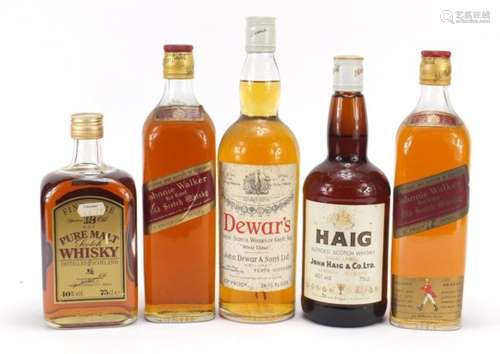 Five bottles of vintage whisky including Haig, Dewar's and two bottles of Johnny Walker Red