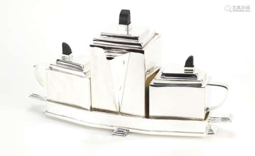 Art Deco style silver plated teaset on tray in the style of Christopher Dresser, 39cm wide : For