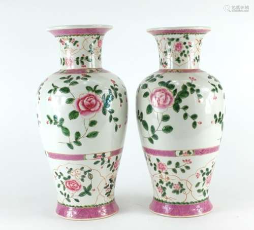 Pair of Chinese porcelain baluster vases painted with flowers, 36cm high : For Further Condition