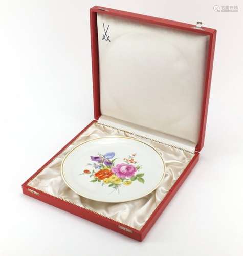 Meissen porcelain plate, hand painted with flowers housed in a silk lined fitted case, the plate