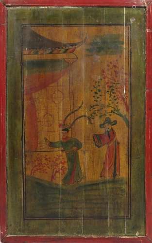 Asian wall hanging, hand painted with two figures outside of a building, 99cm x 61cm : For Further