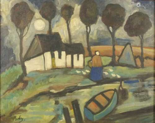 After Markey Robinson - Moored boat with figure before cottages, Irish school oil on board,