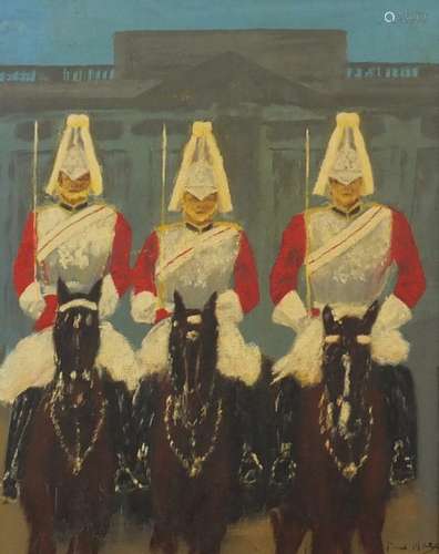 Manner of Paul Maze - Guards on horseback, oil on board, framed, 38cm x29.5cm : For Further