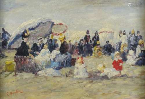 Busy beach scene, French Impressionist, oil onto board, bearing a signature E. Boudin, framed, 41.