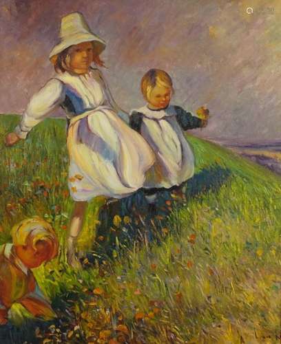 Manner of Laura Knight - Three children on a hilltop, modern British oil onto board, mounted and