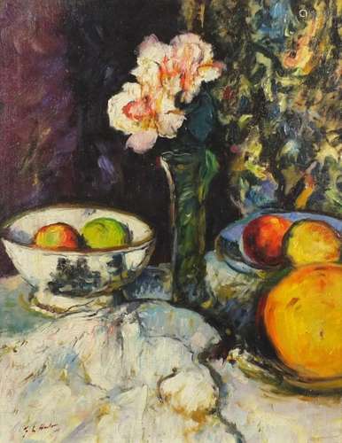 Still life flowers and fruit, Scottish Colourist School, oil onto board, bearing an indistinct