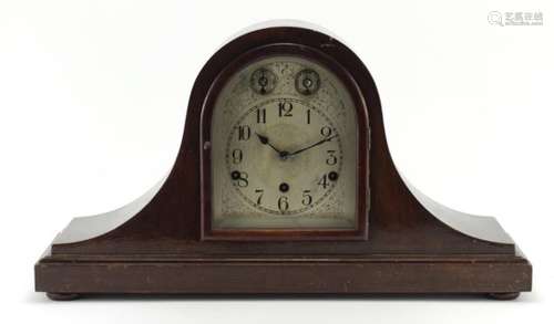 Mahogany napoleon hat Westminster chiming mantel clock striking on five rods by Kenzle, with