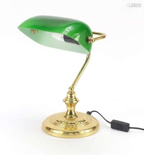 Brass reading light with adjustable green glass shade, 33cm high : For Further Condition Reports