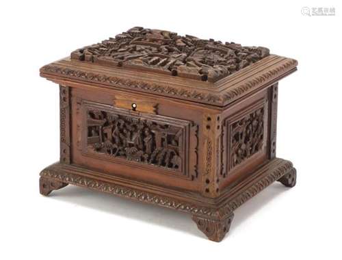 Chinese Canton sandalwood box carved with figures, 13.5cm H x 18cm x 14.5cm D : For Further